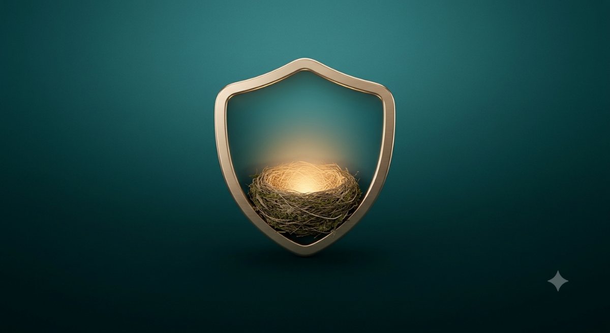 SafeNest AI — a golden shield protecting a glowing nest, symbol of a protected home