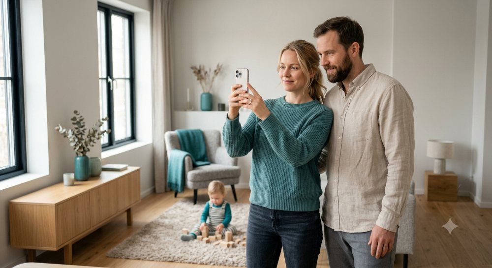 Parents scanning their living room with the SafeNest AI app on a smartphone while their toddler plays safely behind them