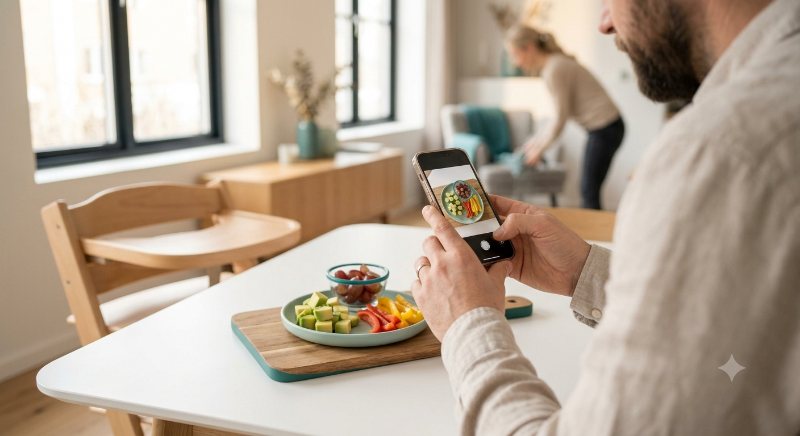 Parent photographing a toddler meal with grapes and vegetables to check food safety by age with SafeNest AI