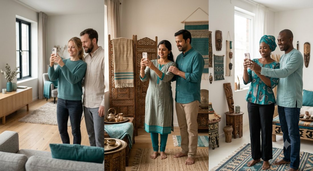 Three families from different cultures each scanning their own home with SafeNest AI — built for parents everywhere in 40+ languages