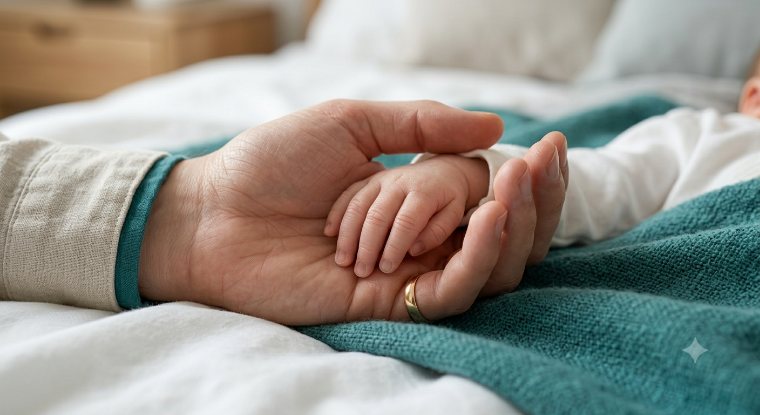 Parent's hand gently holding a sleeping baby's tiny hand — the peace of mind SafeNest AI protects