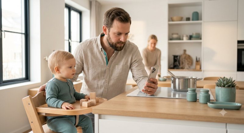 Father scanning the kitchen with SafeNest AI while his baby sits safely in a high chair