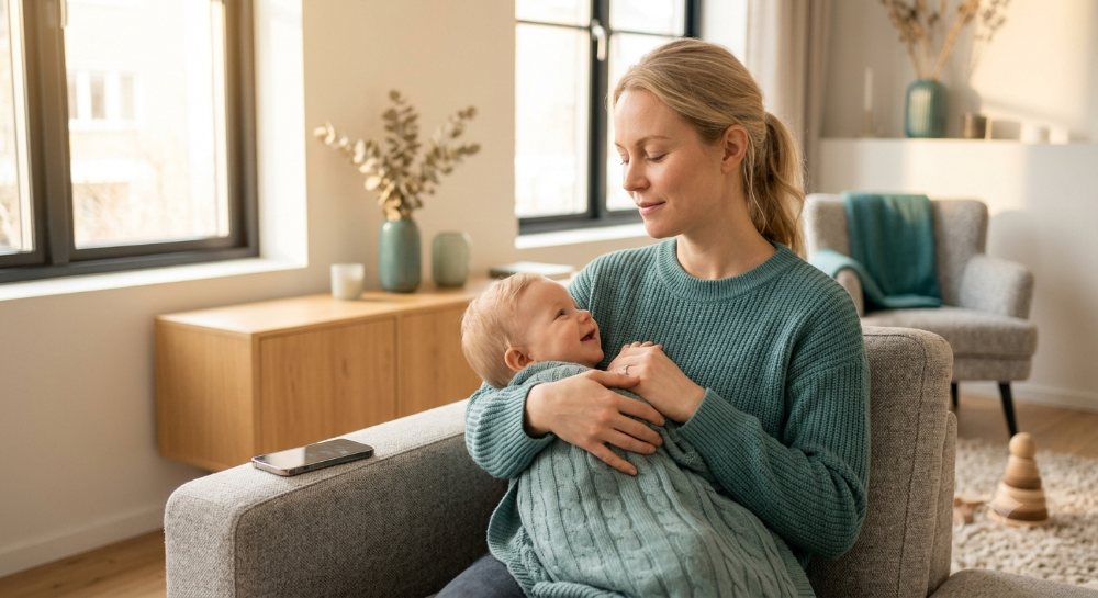 Calm mother cradling her smiling baby on a sofa in a safe living room, phone resting beside her