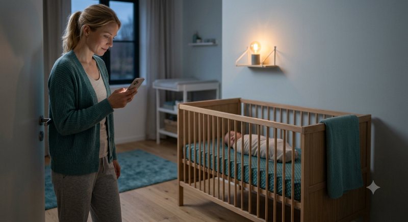Mother checking the nursery with SafeNest AI in the evening while her baby sleeps in a safe bare cot