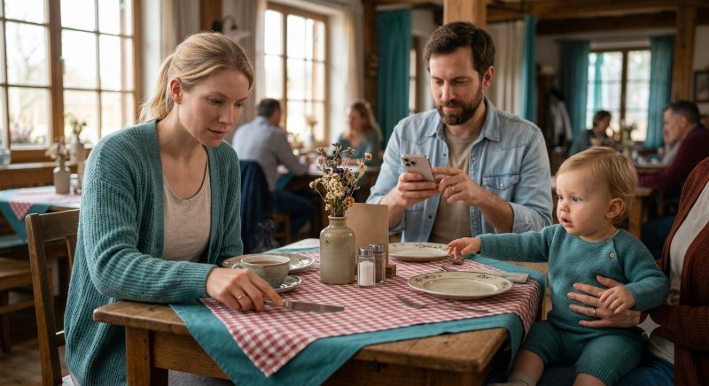 Family at a restaurant table scanning the table setting with SafeNest AI while moving a knife away from their toddler