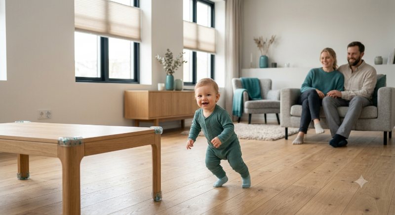 Happy toddler walking freely across a childproofed living room with corner guards on the table while parents relax